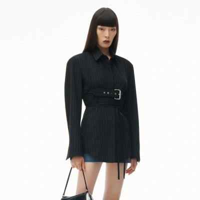 Alexander Wang Long Sleeve Belted Shirt In Pinstripe Wool In Black/white Pinstripe