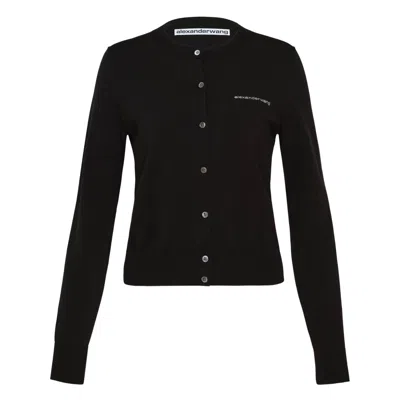 Alexander Wang Long Sleeve Crewneck Hotfix Cardigan In Black