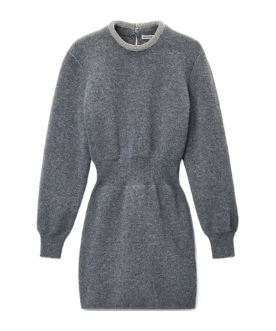 Alexander Wang Long Sleeve Dress In Wool Blend With Crystal Hotfix Trim In Gray
