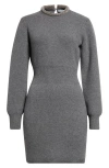 Alexander Wang Long Sleeve Wool & Cashmere Blend Mini Sweater Dress With Crystal Hotfix Tubular Coll In Charcoal