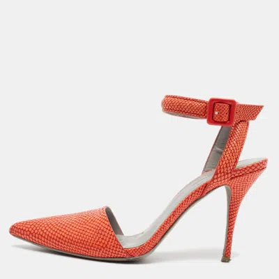 Pre-owned Alexander Wang Lovisa Size 37.5 Orange Lizard Embossed Leather Ankle Strap Pumps