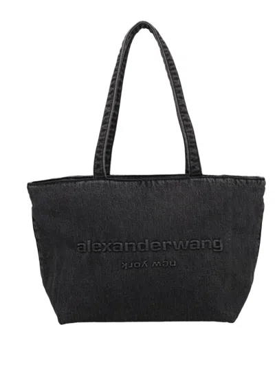 Alexander Wang Medium Denim Tote Bag With Embossed Logo In Black