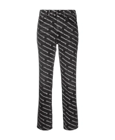 Alexander Wang Mid-rise Logo-print Flared Trousers In Black
