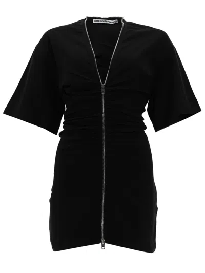 Alexander Wang Gathered T-shirt Dress With Continuous Loop Zipper In Black