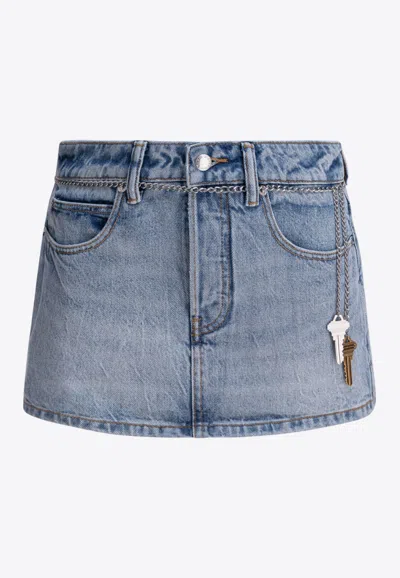 Alexander Wang Mini Denim Skorts With Chain Belt In Blue