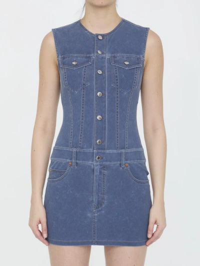 Alexander Wang Navy Denim Mini Dress With Front Button Closure And Flap Pockets In Blue