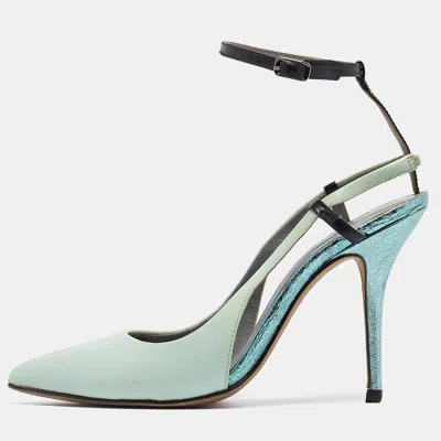 Pre-owned Alexander Wang Mint Green/black Leather Slingback Ankle Strap Pumps Size 36