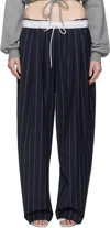 Alexander Wang Navy Pinstripe Tropical Wool Stretch Trousers In Navy/grey
