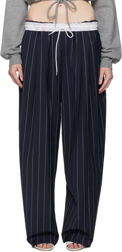 Alexander Wang Navy Pinstripe Tropical Wool Stretch Trousers In Navy/grey