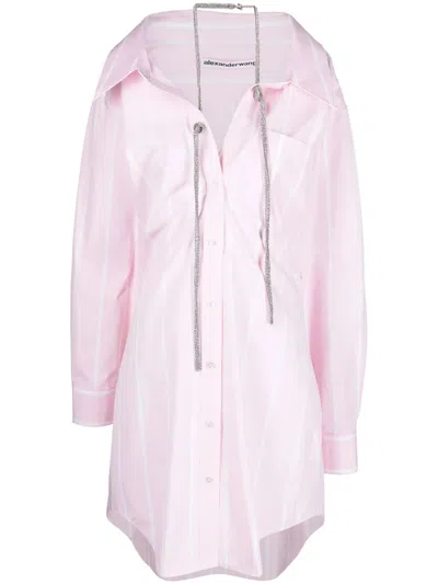 Alexander Wang Off-shoulder Crystal-embellished Shirtdress In Pink