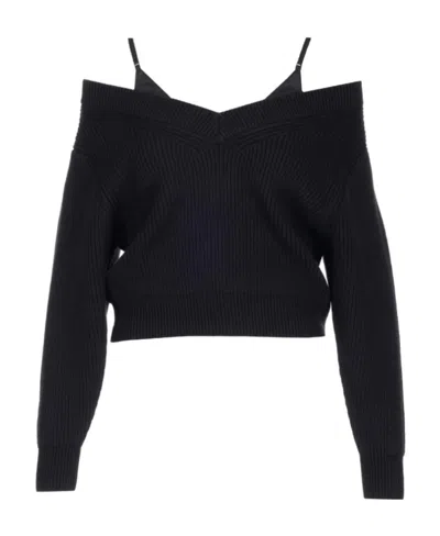 Alexander Wang Off-shoulder Ribbed Knit Jumper In Black