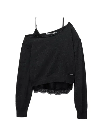 Alexander Wang Off-shoulder Lace-trim Sweater In Grey