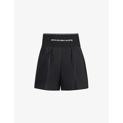ALEXANDER WANG OMENS BLACK BRANDED-WAISTBAND HIGH-RISE COTTON-BLEND SAFARI SHORTS