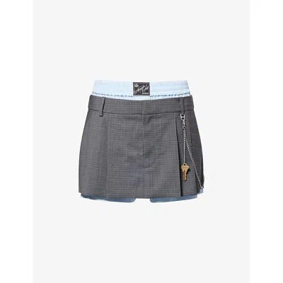 ALEXANDER WANG OMENS GREY MELANGE/OXFORD BLUE PRE-STYLED PLEATED STRETCH-WOOL BLEND SKORT