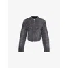 Alexander Wang Omens Black Crackle Grey Moto Crystal-embellished Cropped Denim Jacket In Black Crackle Grey