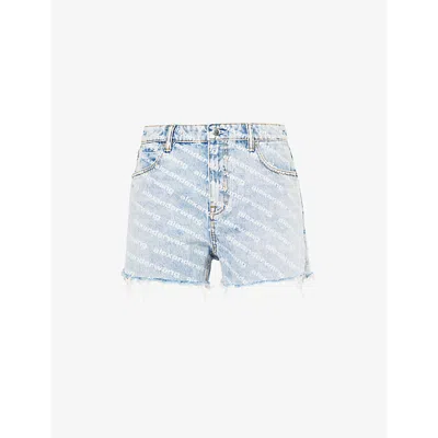Alexander Wang Omens Text-pattern Raw-hem Denim Shorts Pebble Bleach