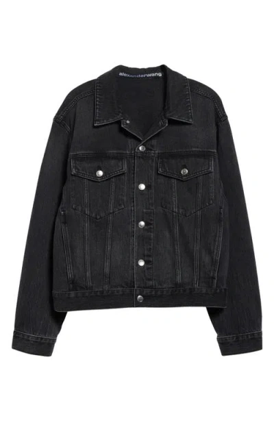Alexander Wang Oversize Logo Embossed Denim Trucker Jacket In Grey Aged