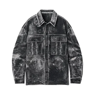 Pre-owned Alexander Wang Oversized Shirt Jacket W/ Trompe Loeil Leather 'black/steel Grey' | Men's Size M