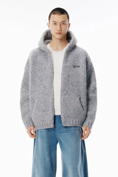 Alexander Wang Oversized Zip Up Hoodie With Aw Embroidery Light Grey In Gray