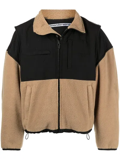 Alexander Wang Panelled Zip Fleece Jacket In Camel/black