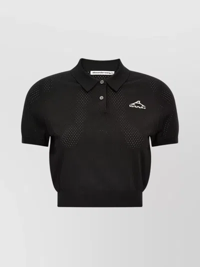 Alexander Wang Perforated Mesh Polo With Collar And Short Sleeves In Black