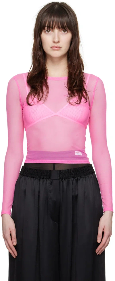 Alexander Wang Pink Semi-sheer Long Sleeve T-shirt In 677a Fuchsia Pink