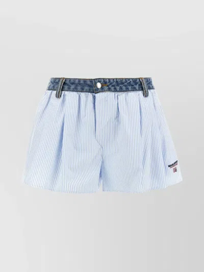 Alexander Wang Pleated Striped Denim Waistband Shorts In Blue