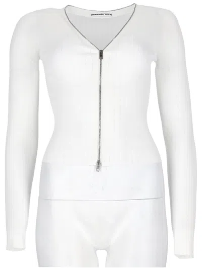 Alexander Wang Pointelle Detail Slim Fit Cardigan With Zipper Closure In White