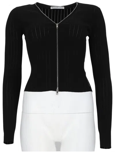 Alexander Wang Pointelle Textured Cardigan With Zip-up Front And V-neckline In Black