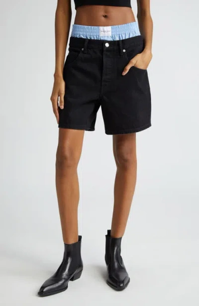 Alexander Wang Prestyled Boxer Waist Loose Fit Denim Shorts In Washed Black