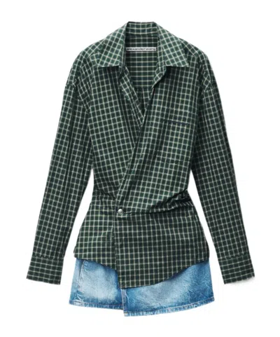 Alexander Wang Long Sleeve Check & Denim Wrap Dress In Green
