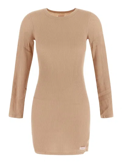 Alexander Wang Printed Micro Ribbed Dress In Beige