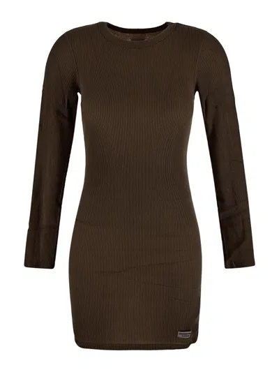 Alexander Wang Printed Micro Ribbed Dress In Brown