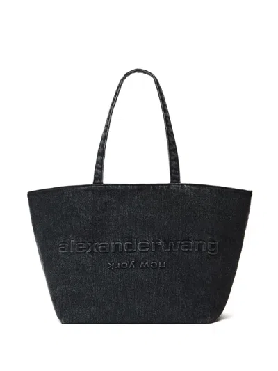 Alexander Wang Small Punch Logo Washed Denim Tote Bag In Black