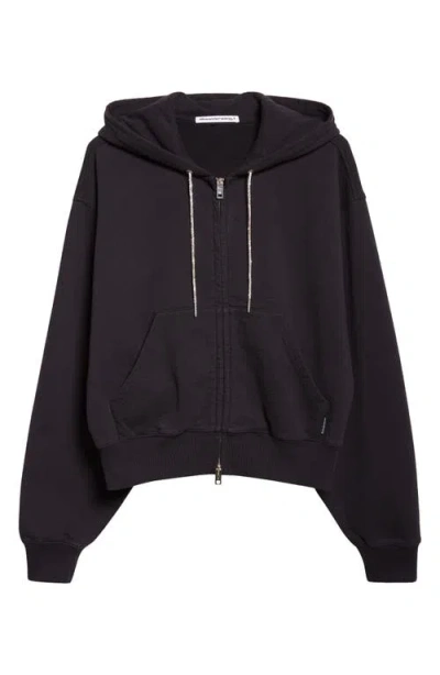 Alexander Wang Rhinestone Drawstring Zip Hoodie In Black