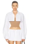 Alexander Wang Ribbed Cami With Cropped Button Up Long Sleeve Shirt In Camel & White