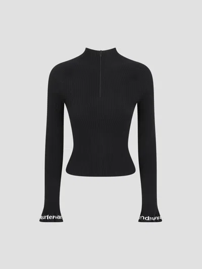 Alexander Wang Ribbed Long Sleeve Zip Turtleneck Pullover With Logo In Black