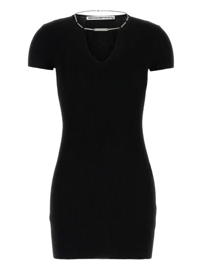 Alexander Wang Fitted V-neck Dress With Nameplate Chain Detail In Black