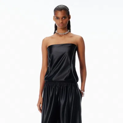 Alexander Wang Ribbed Short-sleeve Dress In Satin Faille In Black