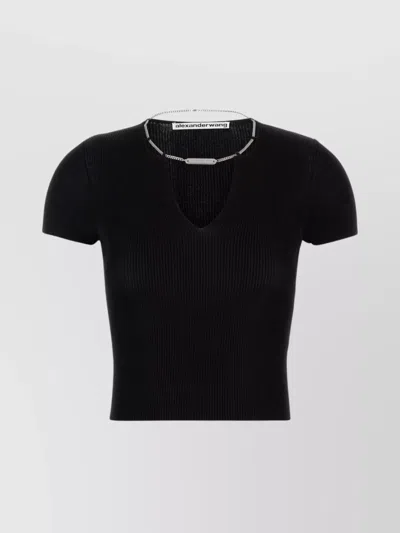 Alexander Wang Ribbed Texture V Neck Chain Detail Top In Black