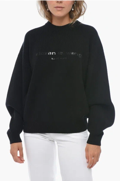 Alexander Wang Ribbed Wool Sweater With Ton-sur-ton Logo In Black