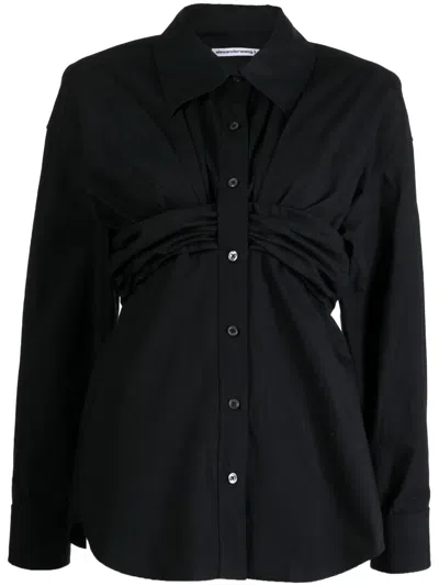 Alexander Wang Ruched Bandeau Shirt In Compact Cotton In Black