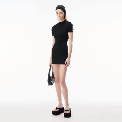 Alexander Wang Ruched Logo Short Sleeve Mini Dress In Black