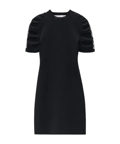 Alexander Wang Ruched Logo Short Sleeve Mini Dress In Blue
