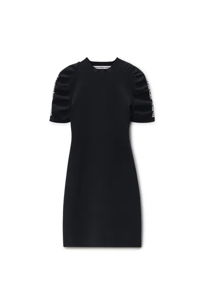 Alexander Wang Ruched Logo Short Sleeve Mini Dress In Black