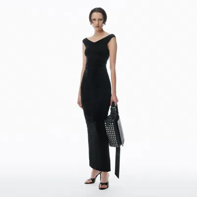 Alexander Wang Ruched Wide V-neck Maxi Dress In Black