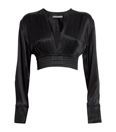 Alexander Wang Satin Cropped V-neck Blouse In Black 001