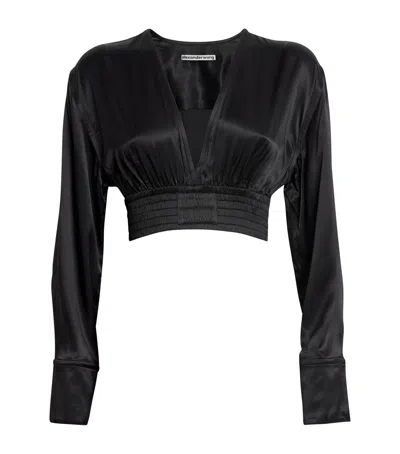 Alexander Wang Satin Cropped V-neck Blouse In Black