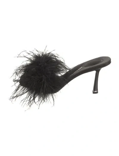 Pre-owned Alexander Wang Satin Feather Trim Slides In Black