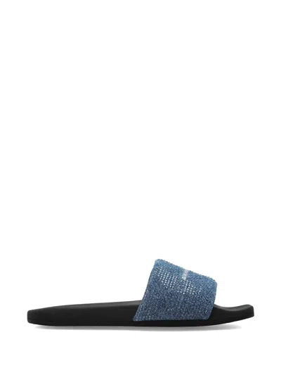 Alexander Wang Crystal Embellished Denim Slide Sandal In Blue